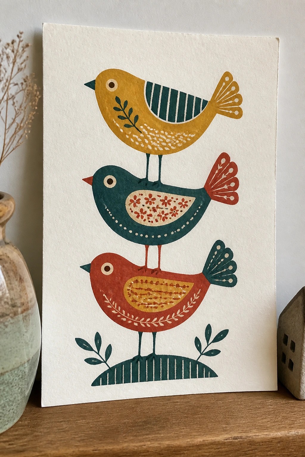Three stacked yellow, teal, and red birds in folk art style with patterns