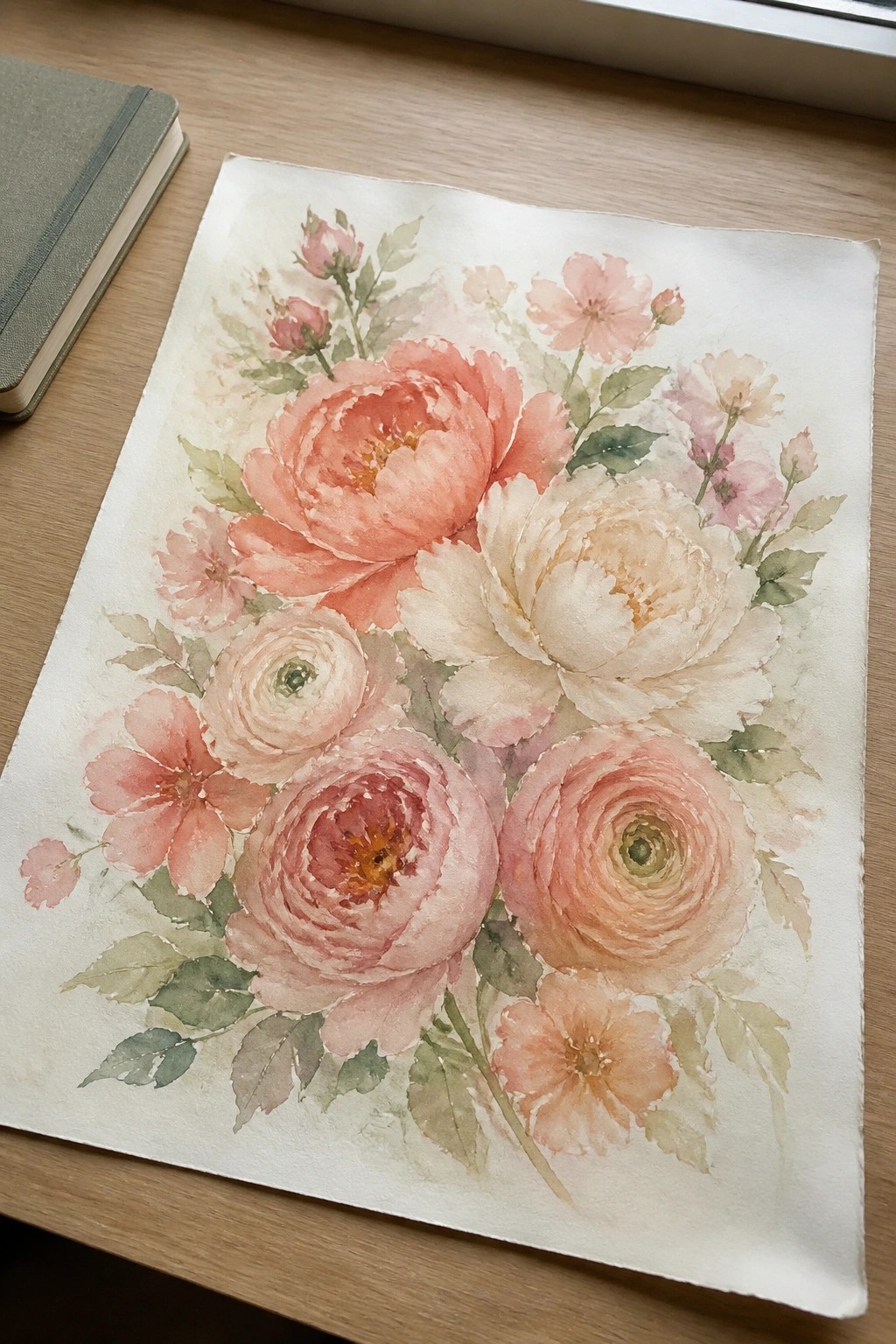 Watercolor painting of pink and peach peonies with green leaves on wooden desk.
