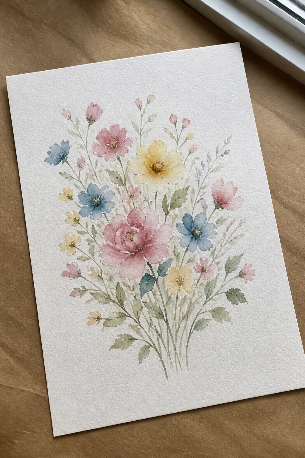 Watercolor bouquet of pink, blue, and yellow flowers with green stems on white paper