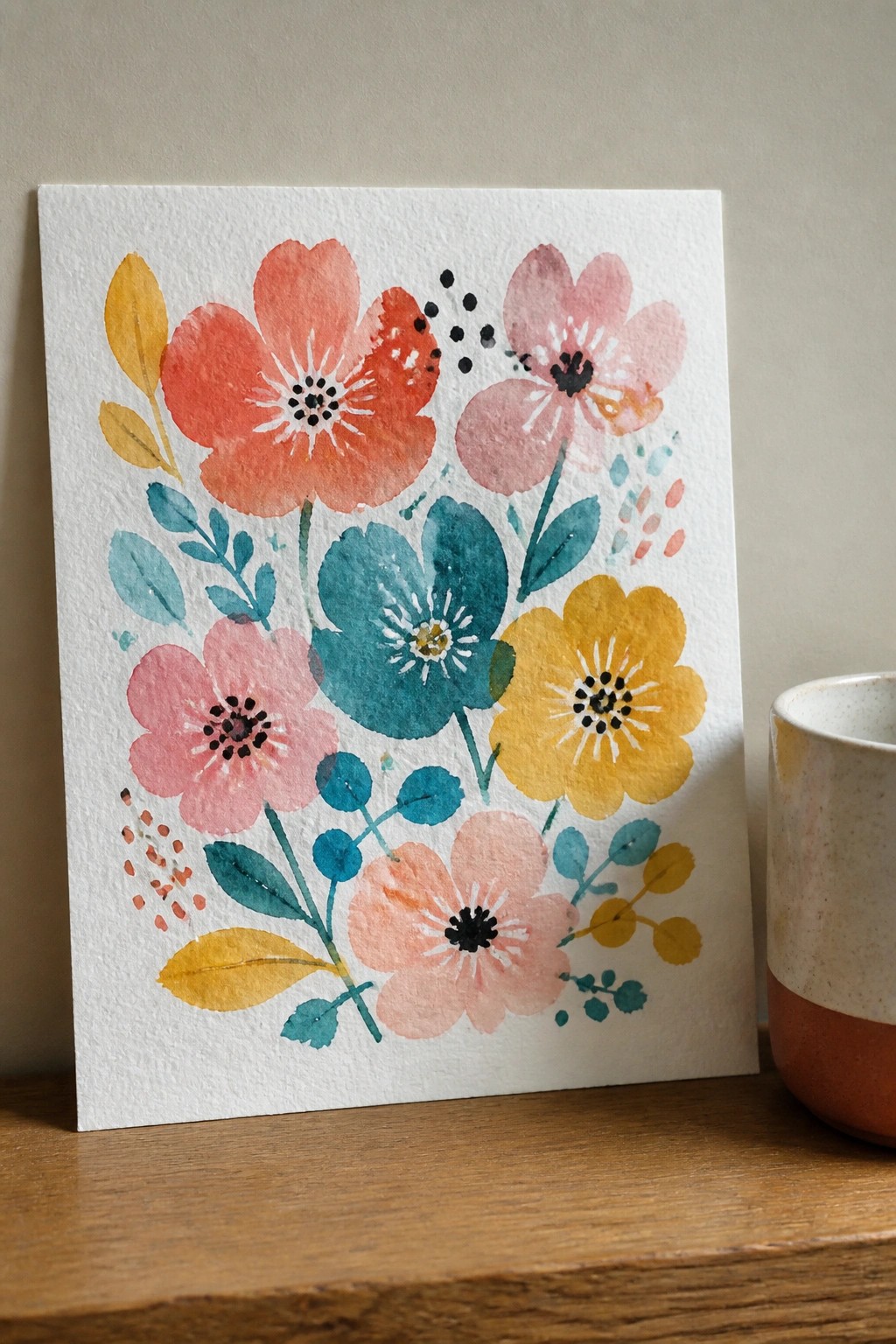 Colorful watercolor flowers on white paper beside a ceramic mug on wood