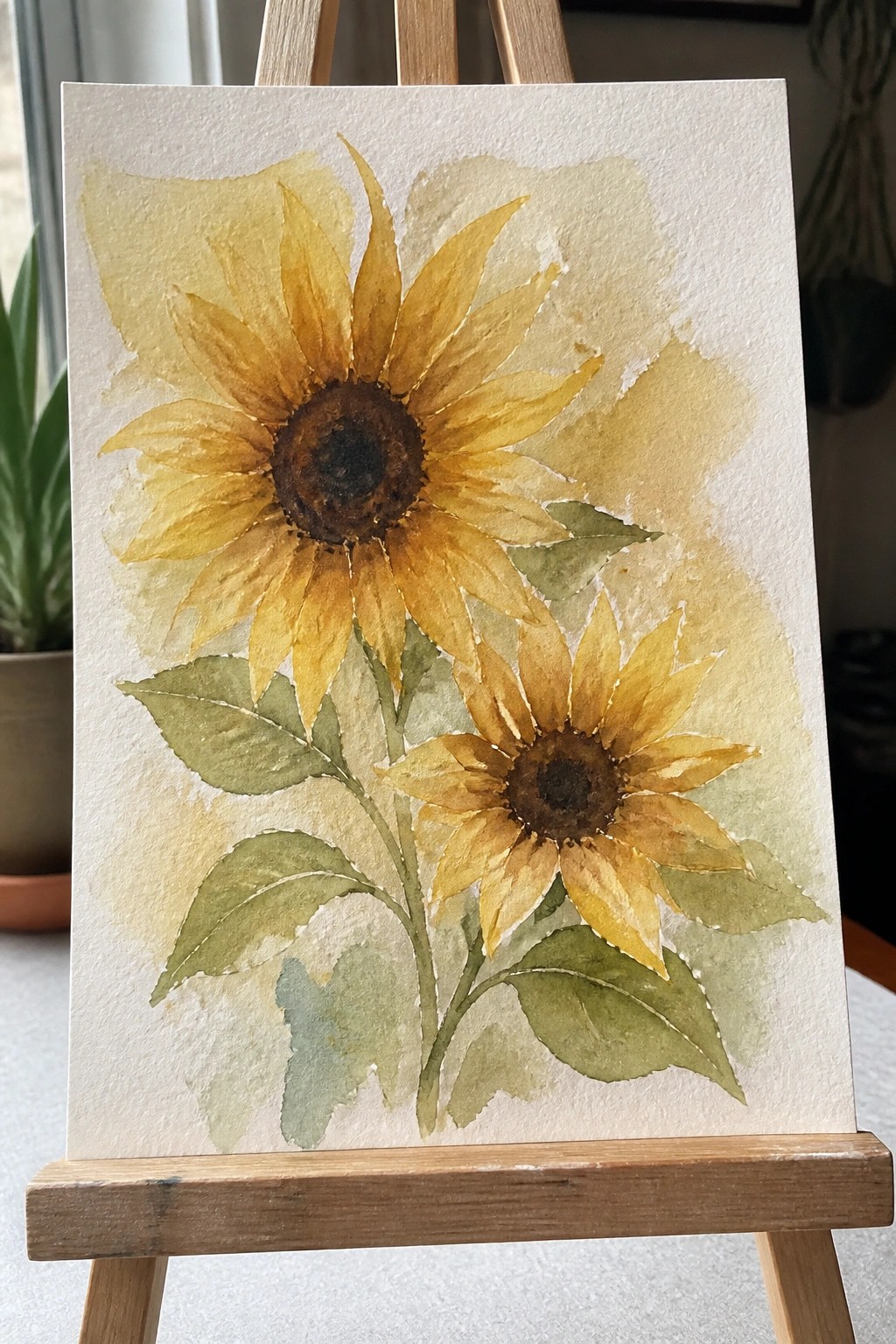 Watercolor painting of two sunflowers with yellow petals and green leaves on white paper.