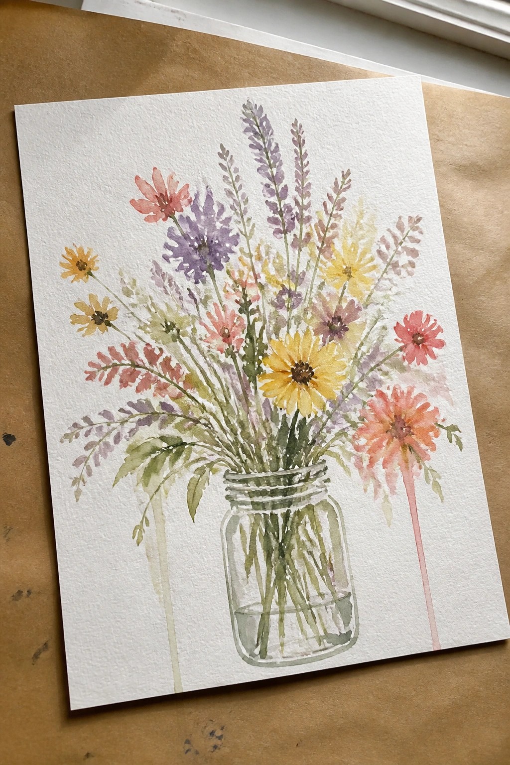 Vibrant watercolor bouquet of pink, yellow, and purple flowers in a mason jar