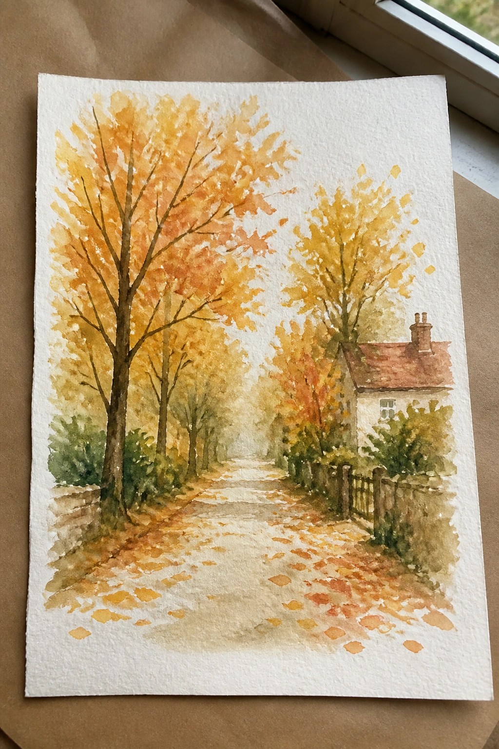 Watercolor of a leaf-strewn autumn path lined with golden trees and a red-roofed house.