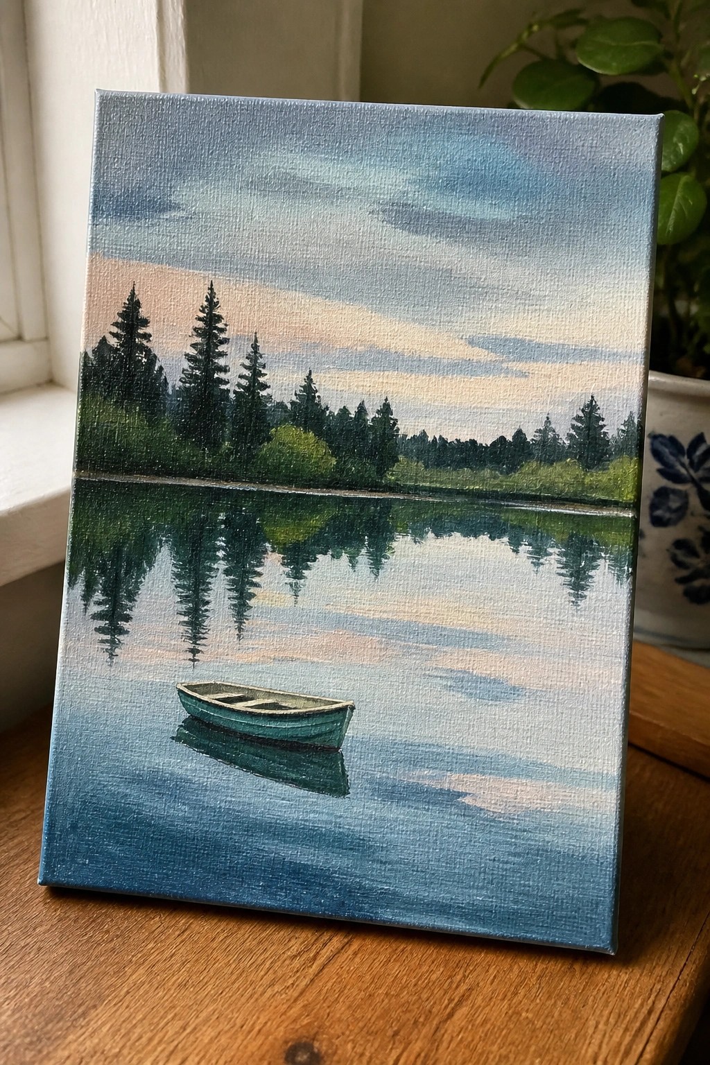 Landscape painting of green boat on serene lake reflecting pine trees and cloudy sky.