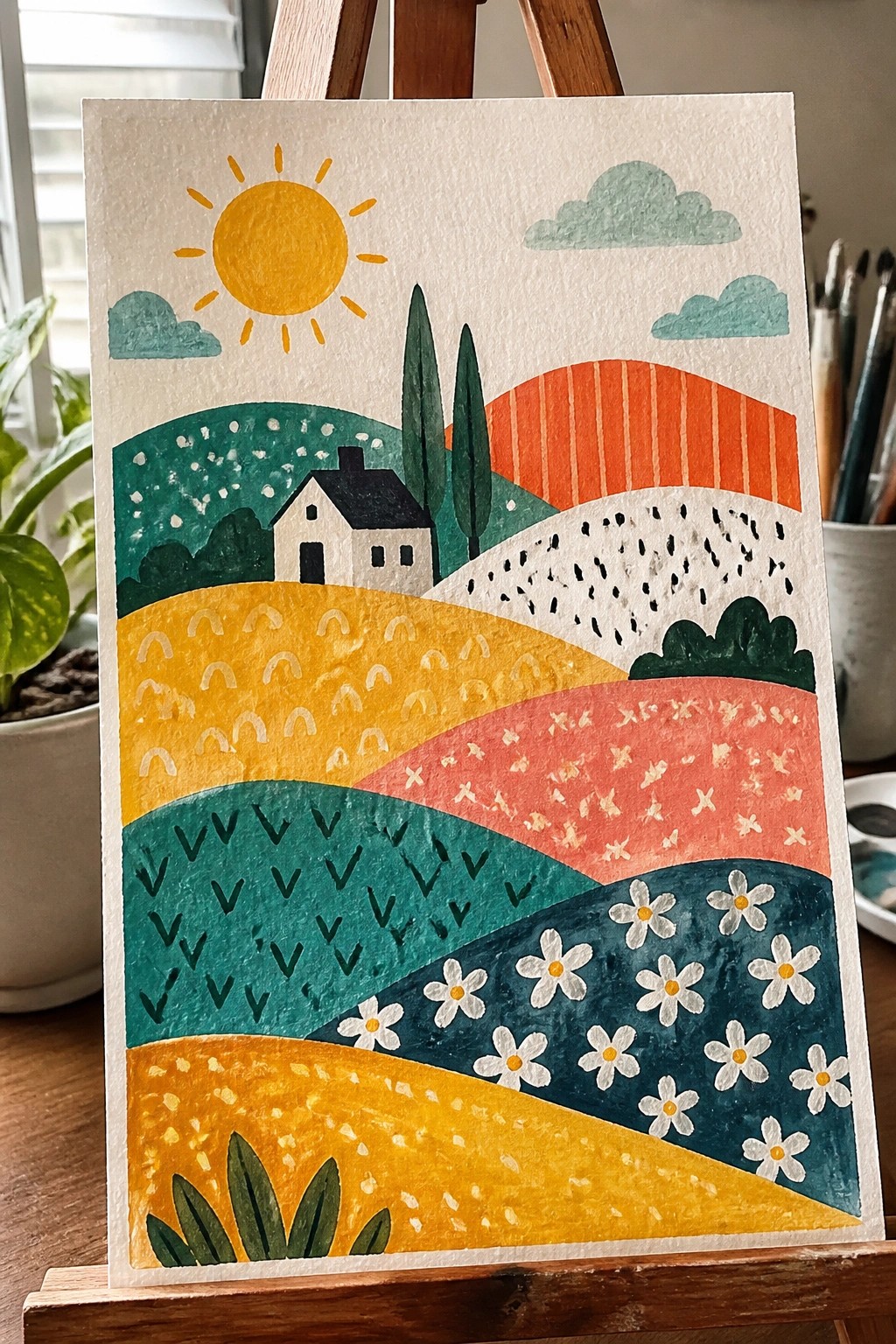 Vibrant folk-art landscape with sun, clouds, patterned hills, house, trees and flowers on easel.