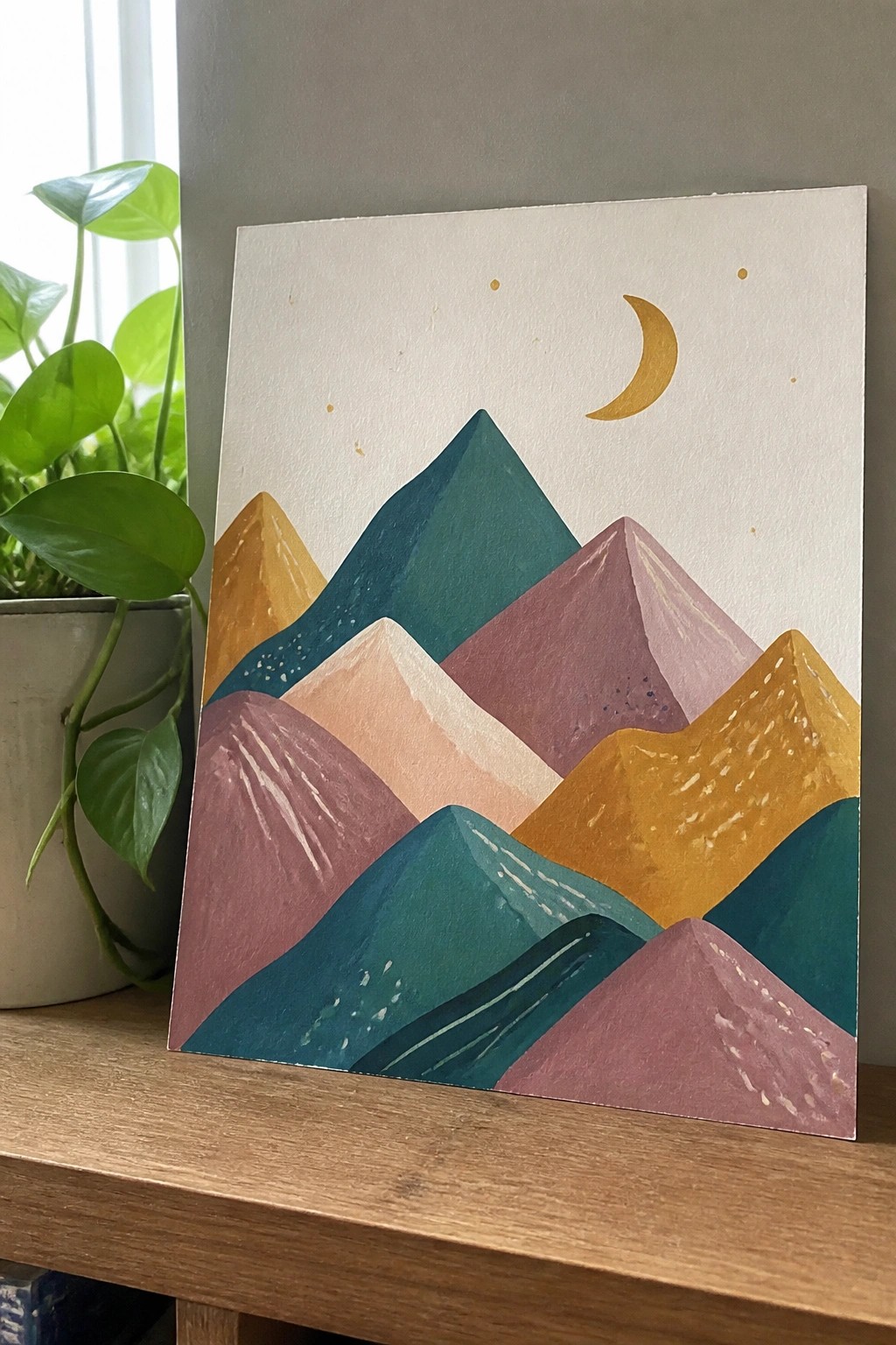 Colorful abstract watercolor mountains under crescent moon on wooden shelf beside potted plant