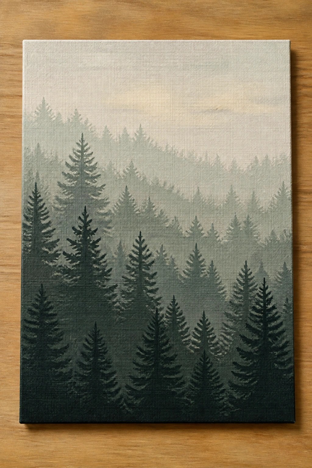 A rectangular canvas displays a layered pine forest painting with trees fading into mist, placed on a wooden surface.