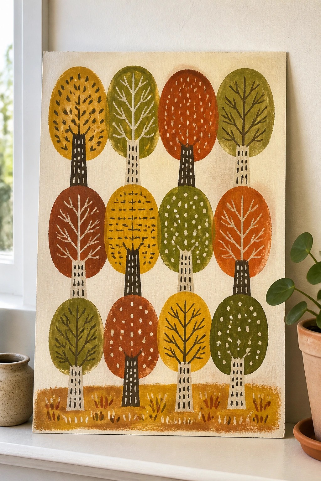 Retro-style painting of colorful oval trees with patterned trunks in autumn hues