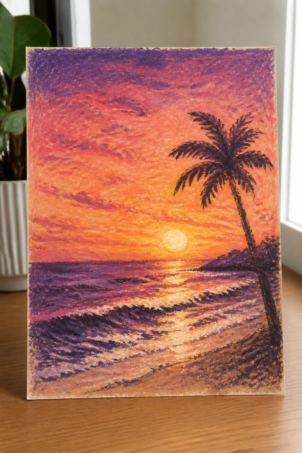 Vibrant pastel sunset over ocean with purple waves, glowing sun, and palm tree.