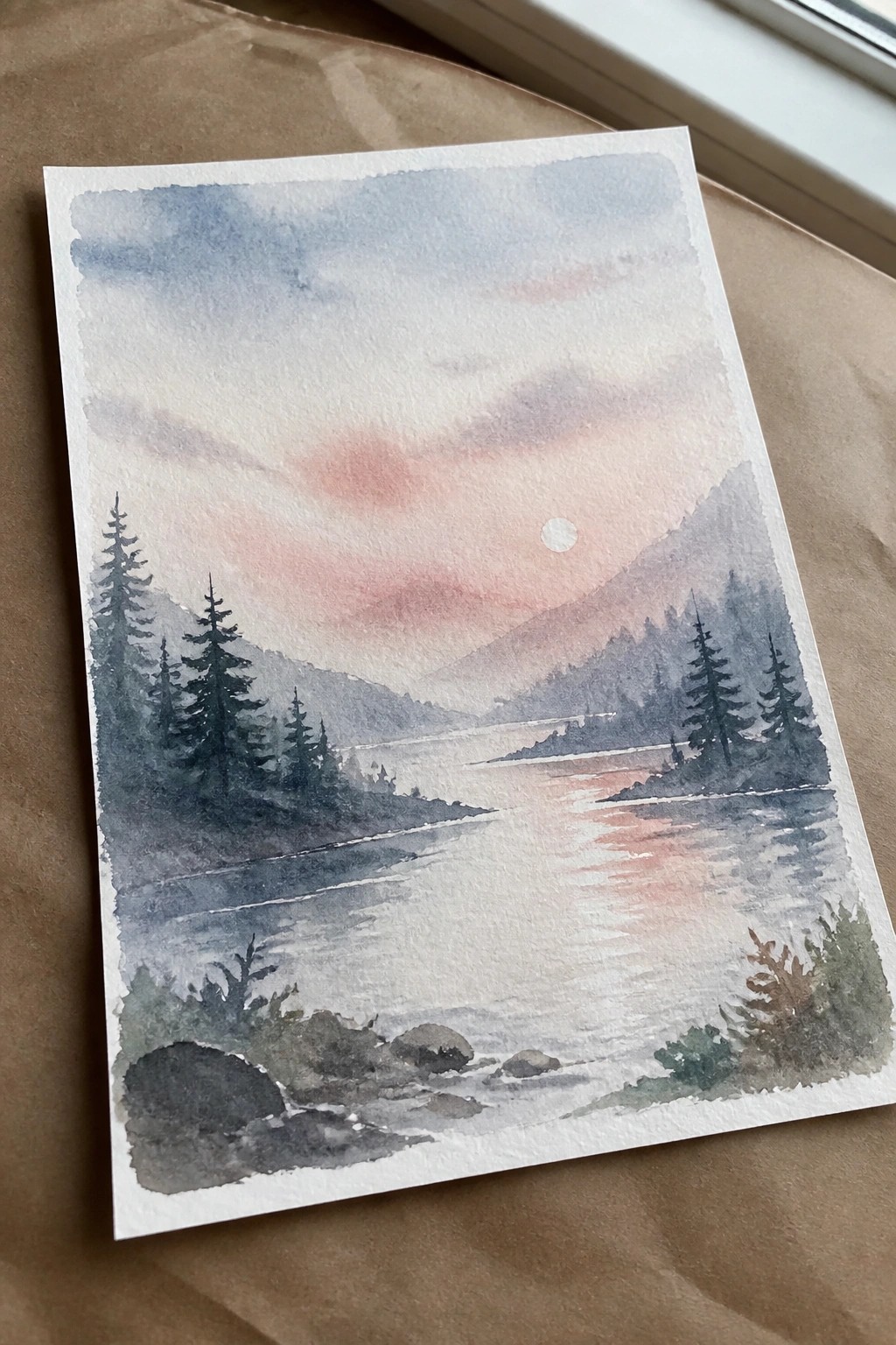 Watercolor of misty mountain river at sunset with pine trees and pink sky reflections.
