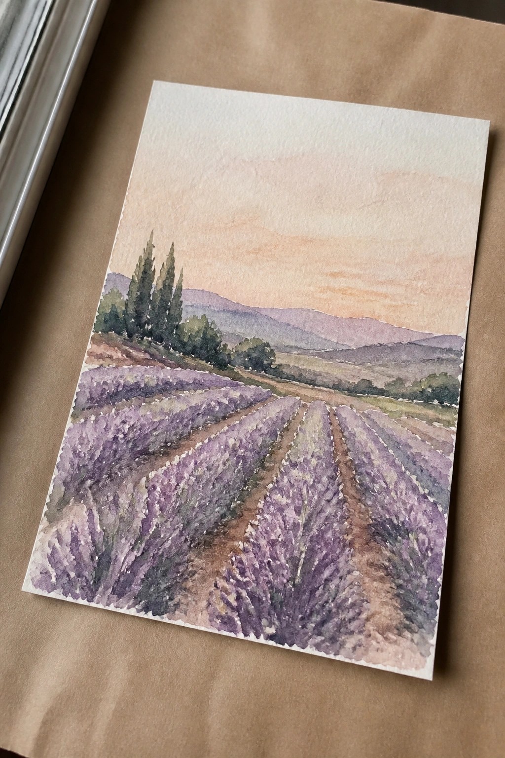 Watercolor painting of lavender rows, cypress trees, and hazy mountains under pastel sky
