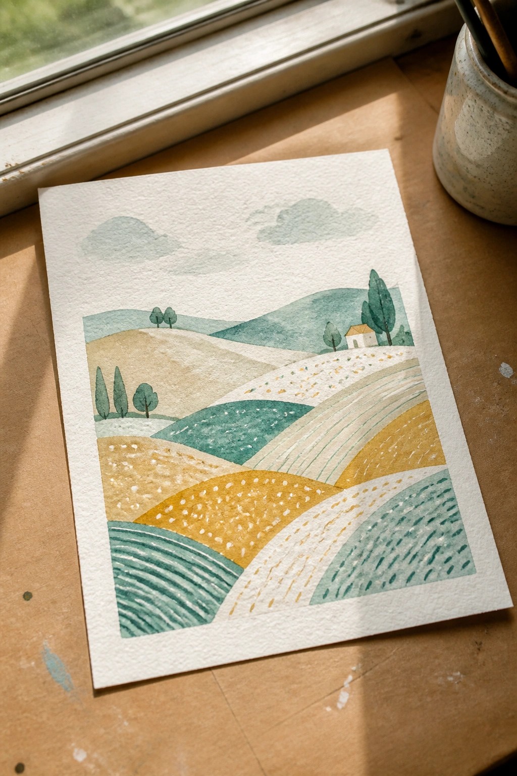 Watercolor painting of rolling hills, trees, fields, and house on paper