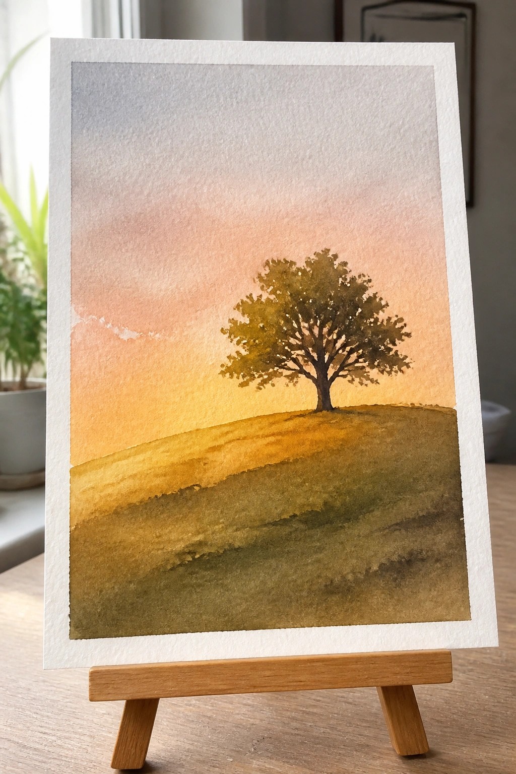 Watercolor of lone tree on grassy hill under pink-orange sunset sky on wooden easel.