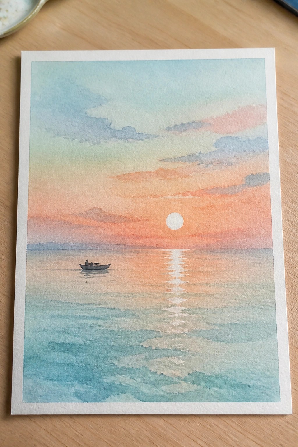 Watercolor painting of lone boat on calm sea under vibrant orange-pink sunset sky with sun reflection.