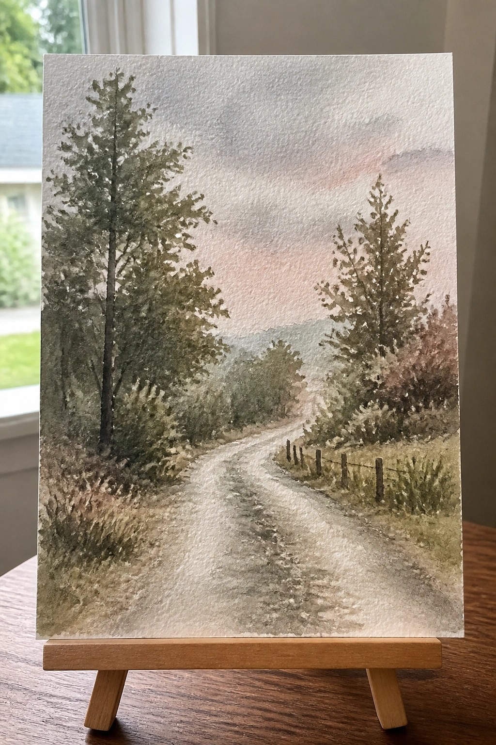 Watercolor painting of winding dirt road through trees with distant hills and fence