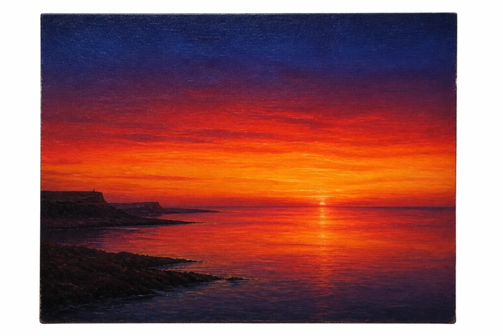 20 Glowing Sunset Landscape Painting Ideas That Build Better Sky Gradients A realistic oil painting of a fiery sunset over calm ocean waters with dramatic red and orange sky gradients reflecting on the surface and dark rocky cliffs along the left shoreline.