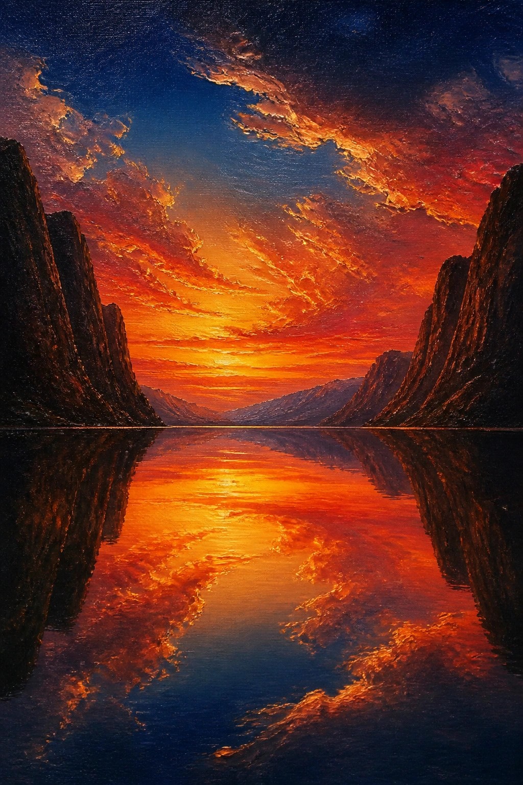 Oil painting of a vibrant sunset with orange red and blue skies reflected in still water between dark rocky cliffs.