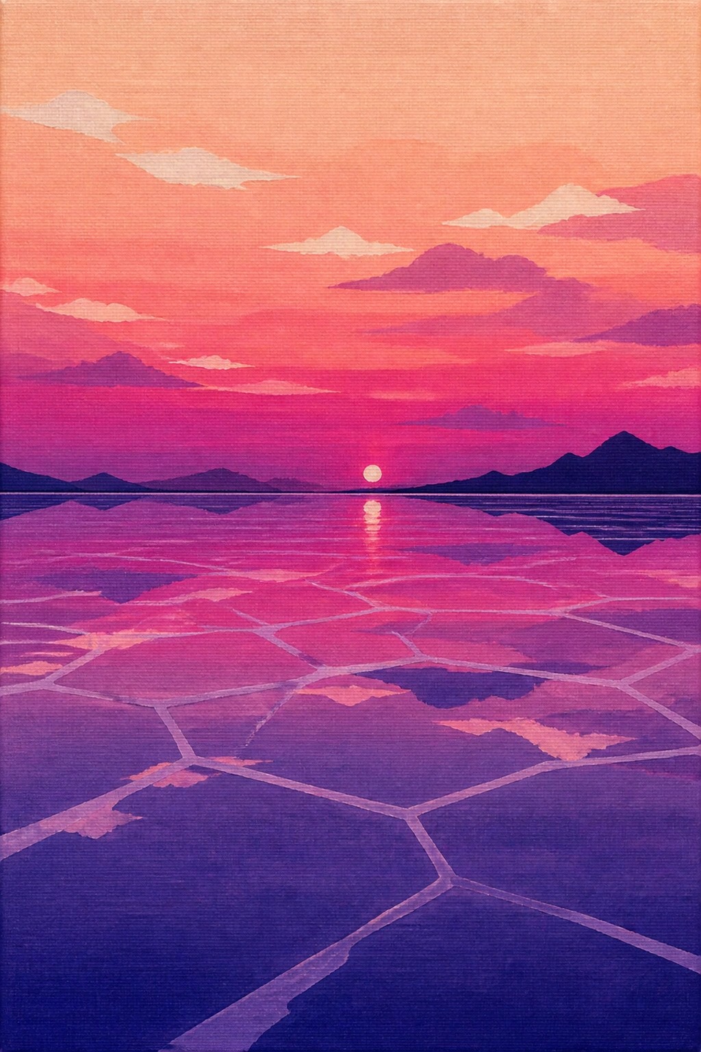 A stylized acrylic painting of a vibrant pink and purple sunset over a cracked reflective salt flat with distant mountains and a glowing sun on the horizon.