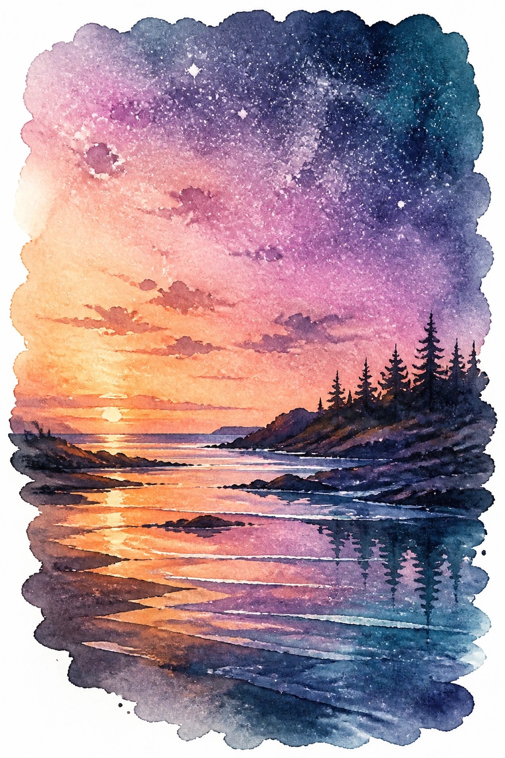 Watercolor landscape of a sunset over water with pine trees on a hill and a starry gradient sky from orange to purple to blue with reflections in the water