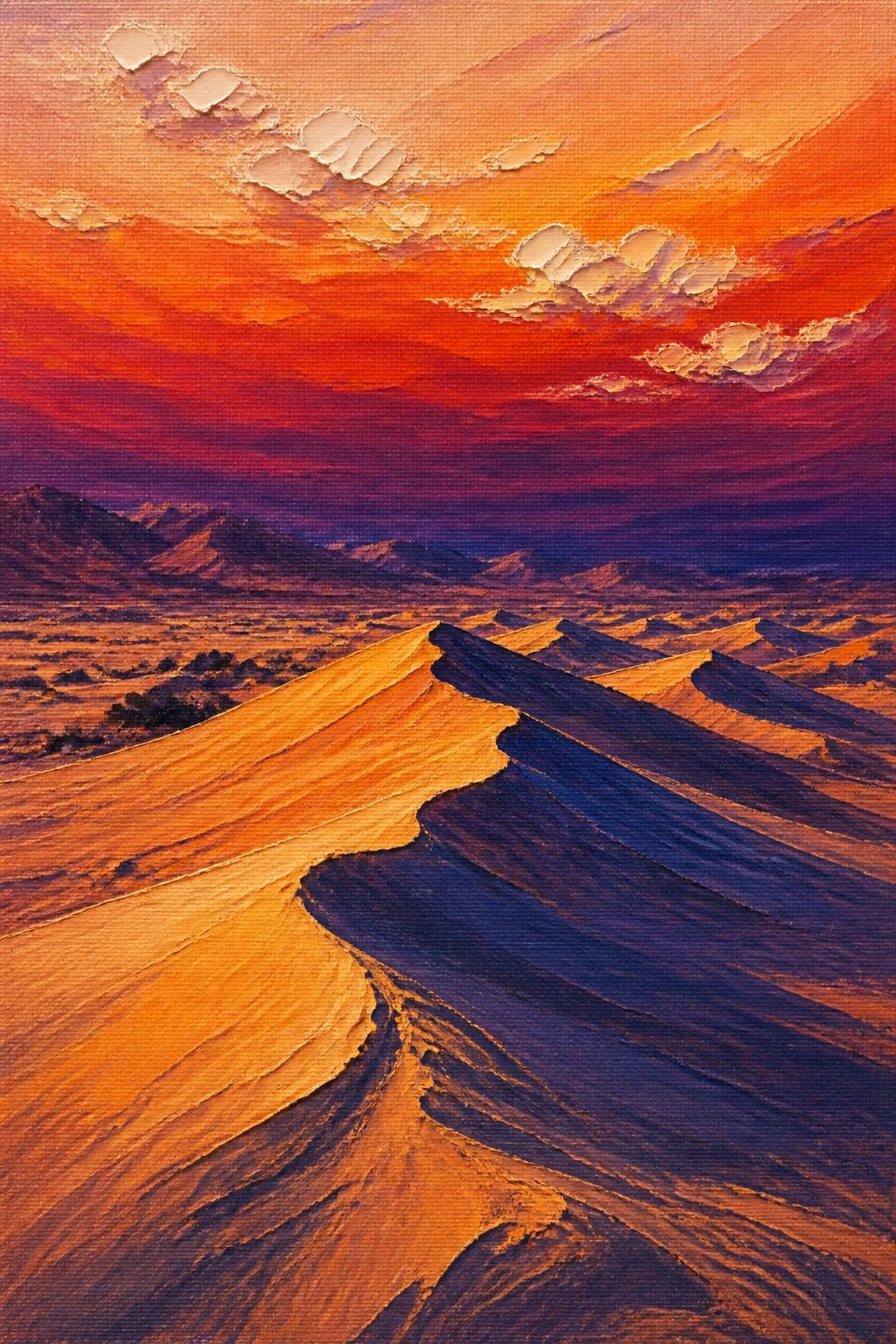 Oil painting of desert sand dunes at sunset with orange red and purple sky gradients plus distant mountains
