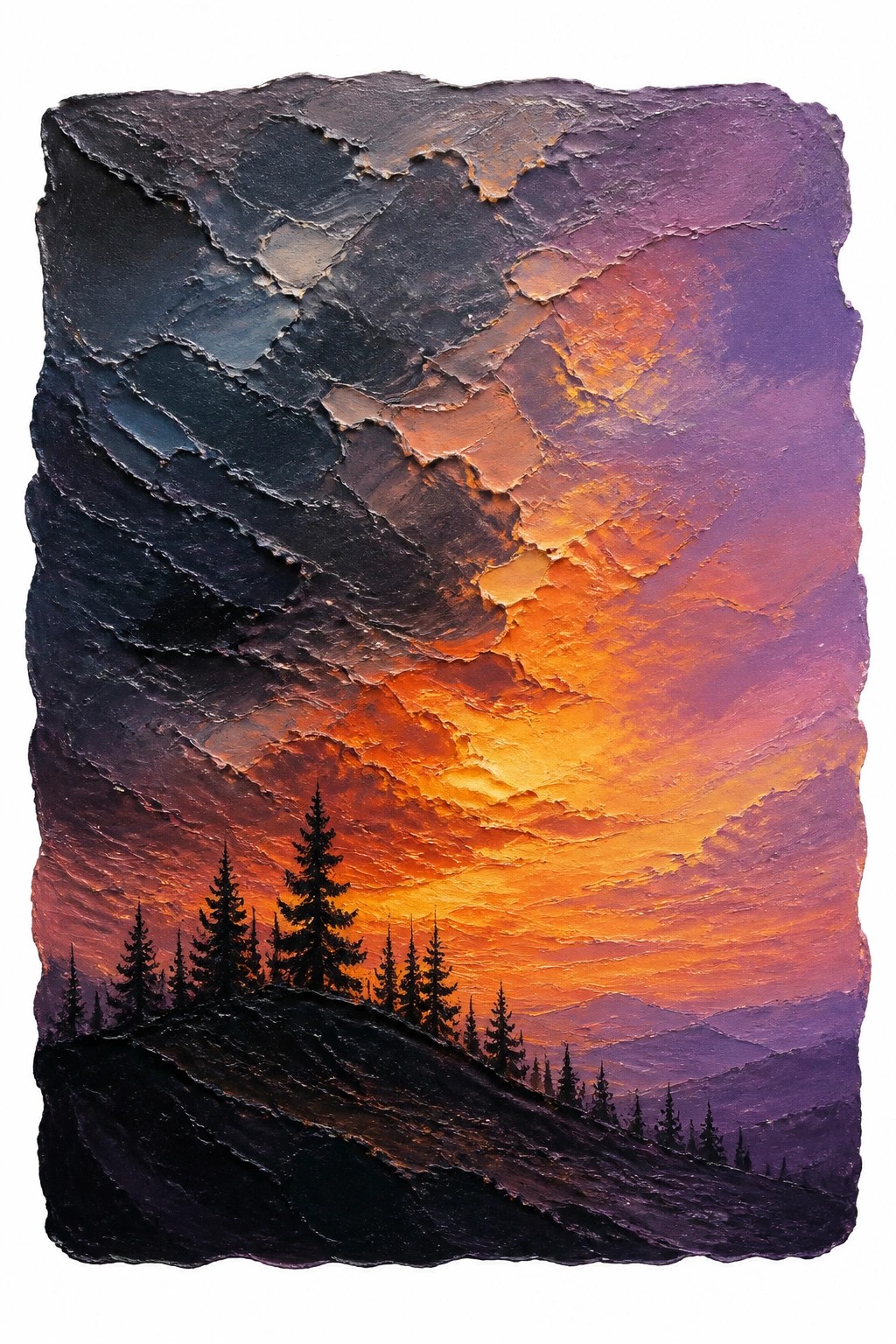 A heavily textured impasto painting showing a dramatic sunset sky in shades of purple orange and yellow with dark pine tree silhouettes on a rolling hill.