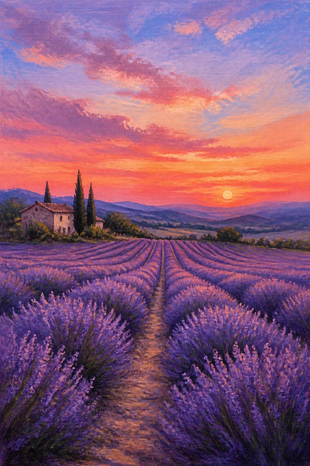 Oil painting of a lavender field at sunset featuring a stone cottage, tall cypress trees, a dirt path, and a colorful sky with orange and pink clouds over distant hills.