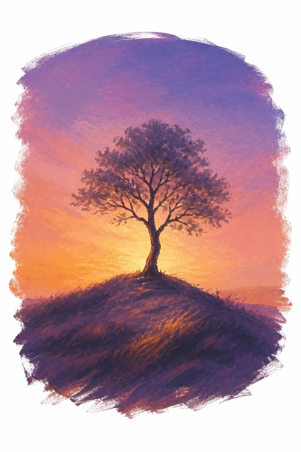A painterly image of a lone tree silhouetted on a hill against a purple to orange sunset sky with soft gradients and textured edges.