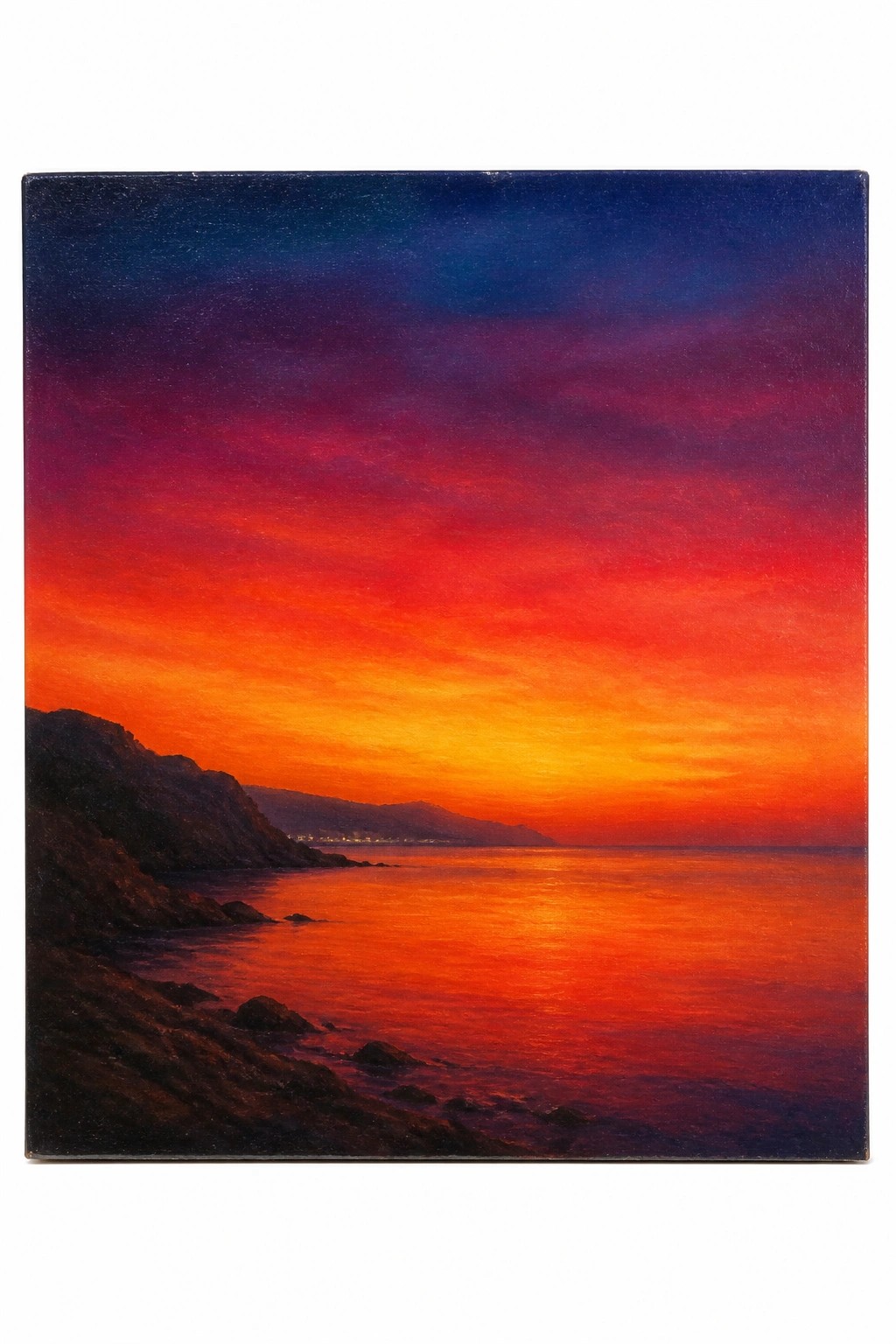 A realistic oil painting of a fiery sunset over calm ocean waters with dramatic red and orange sky gradients reflecting on the surface and dark rocky cliffs along the left shoreline.