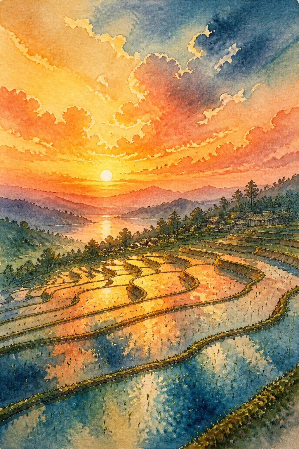 Watercolor landscape of glowing sunset over curved rice terraces with mountain lake and village reflections in the water