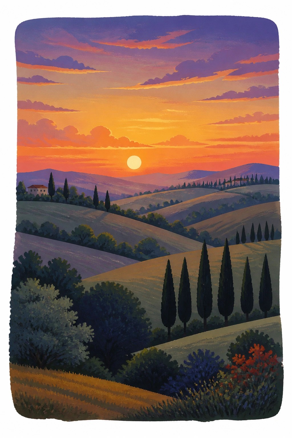 A stylized landscape painting of rolling hills at sunset with orange purple skies a glowing sun cypress trees and a small house on the left.