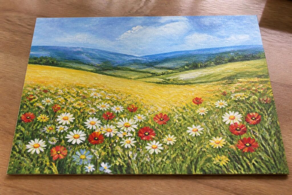 Vibrant wildflower meadow with red poppies, white daisies, and distant blue mountains