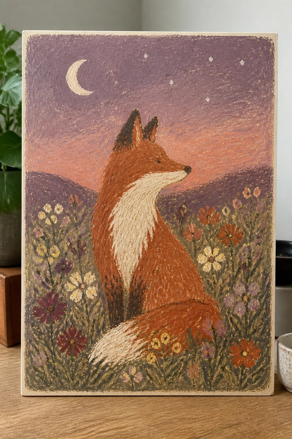 Red fox sits among wildflowers beneath purple-orange sky with crescent moon and stars
