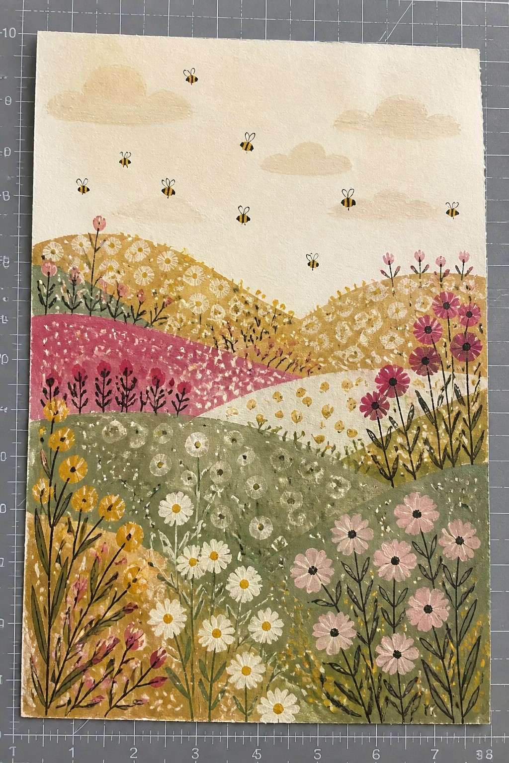 Vibrant watercolor landscape of rolling hills blooming with colorful wildflowers and flying bees