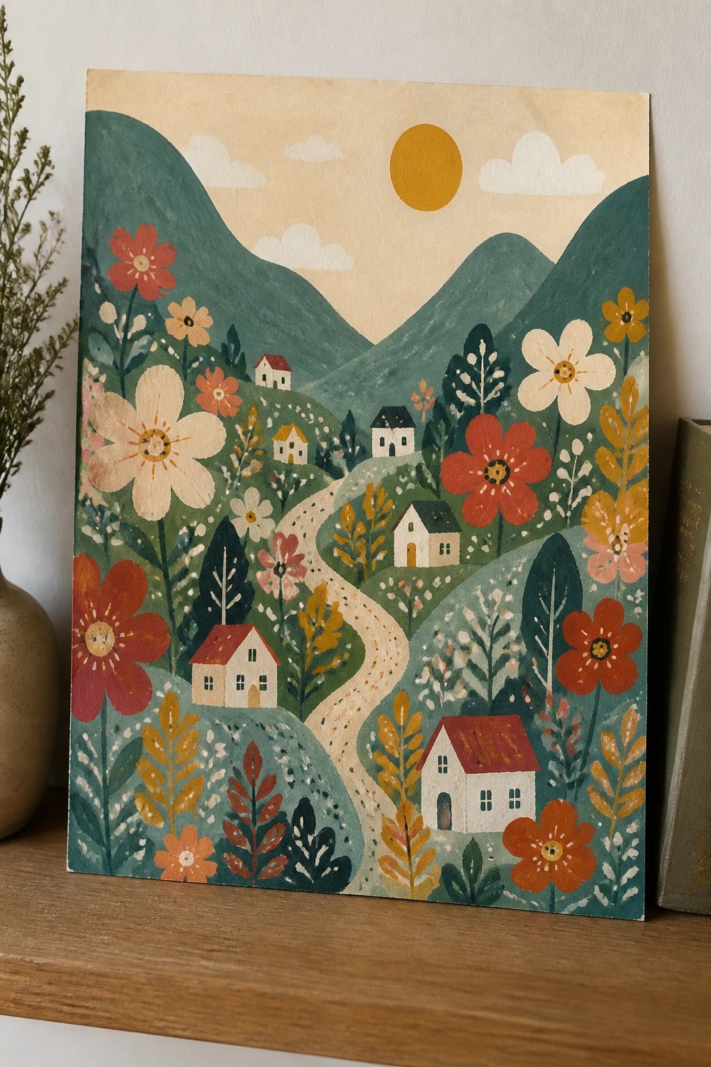 Folk-style painting of colorful flowers, houses, winding path, and green mountains under sun.