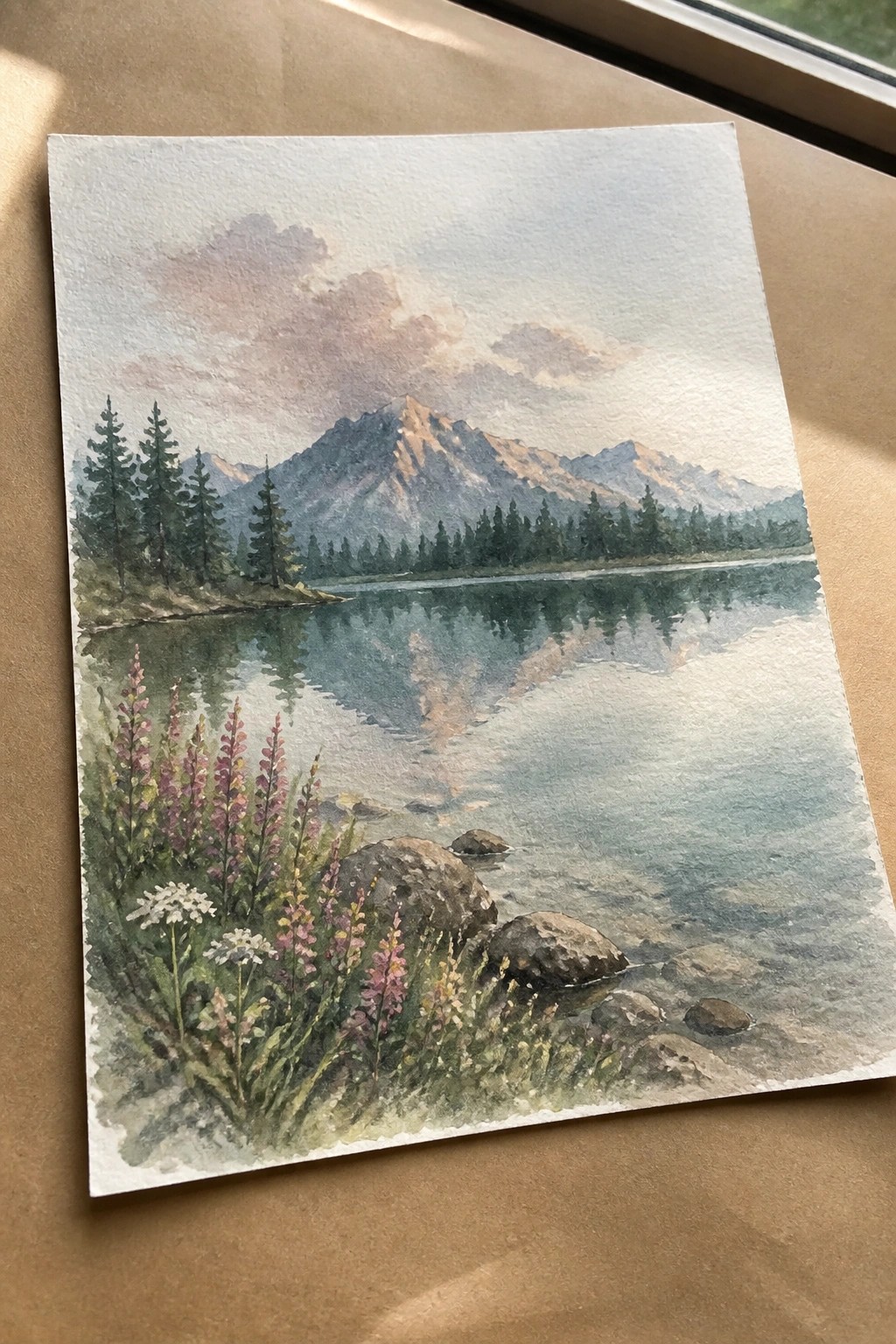 Watercolor landscape of mountain lake with reflections, pine trees, rocks, and pink wildflowers.