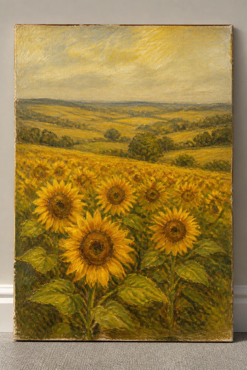 Oil painting of blooming sunflowers in rolling golden fields beneath a hazy sky.