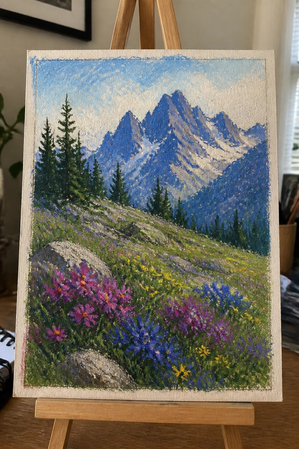Vibrant painting on easel of mountain peaks above meadow with purple and blue wildflowers