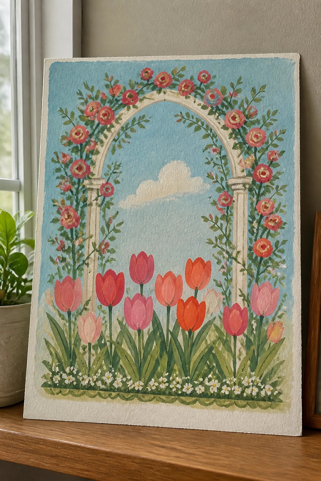 Watercolor painting of rose-covered white arch with pink and orange tulips under blue sky