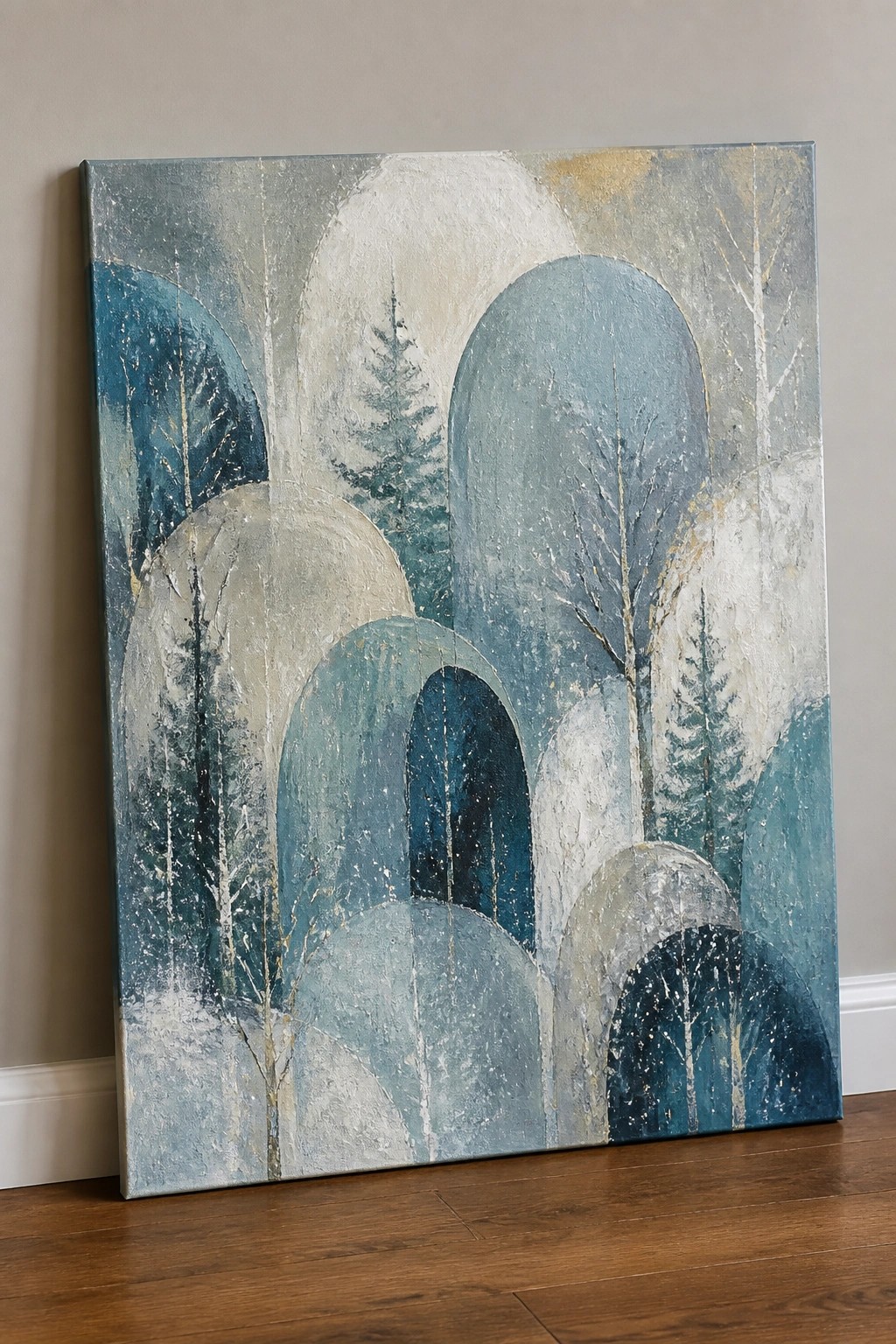 Abstract blue-toned landscape painting with stylized trees and arches on wooden floor