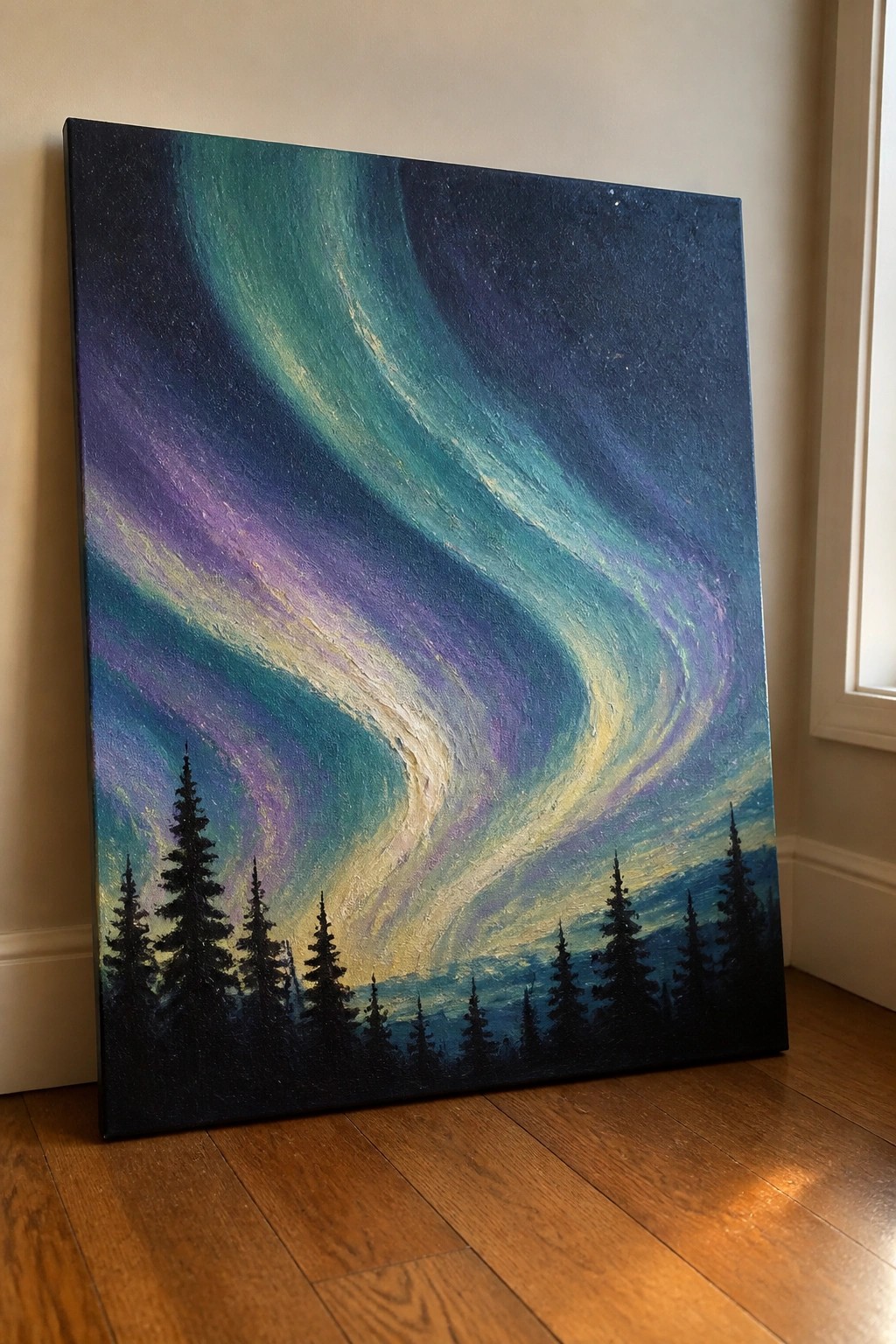Colorful northern lights painting with swirling green and purple hues above silhouetted pine trees.