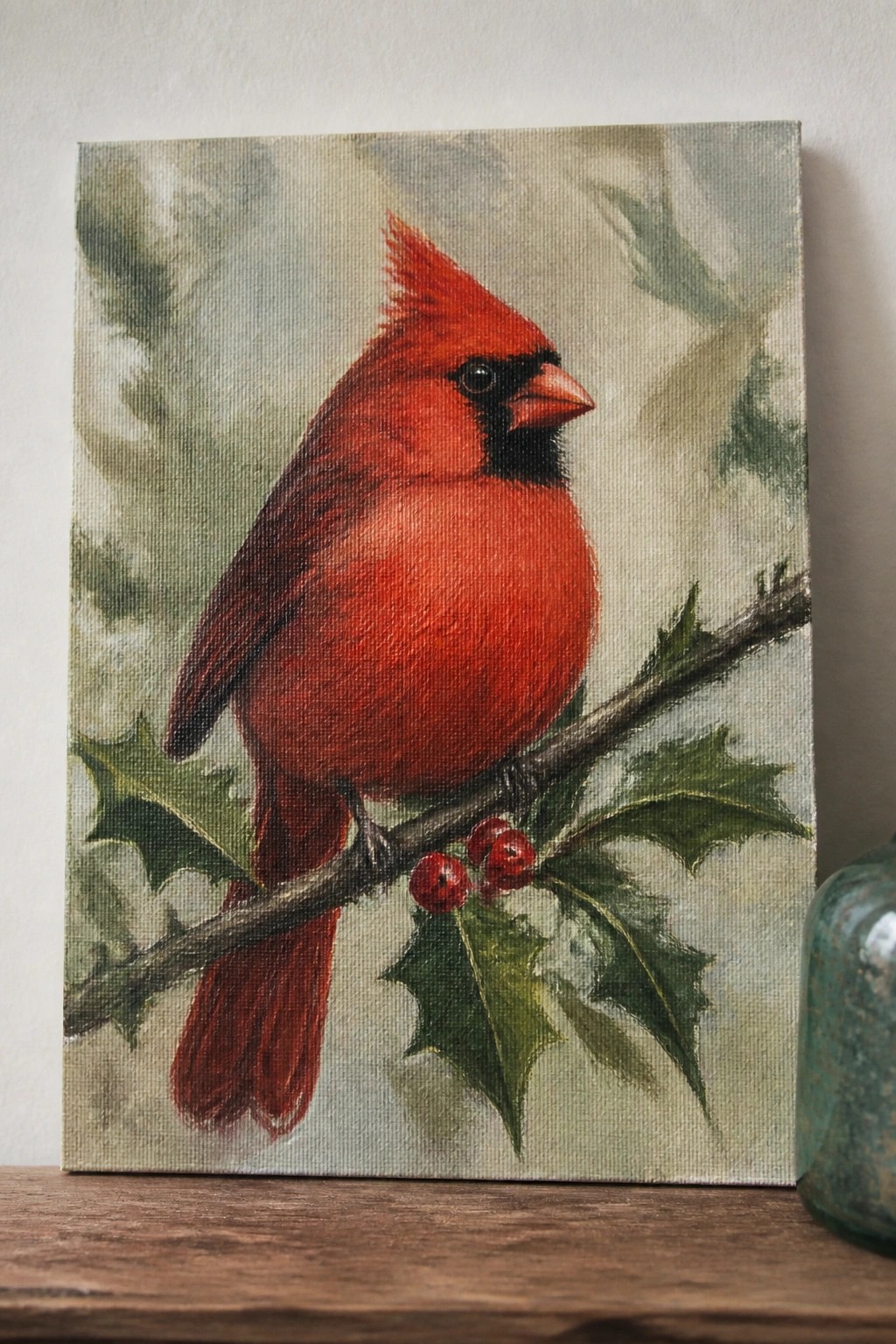 Red cardinal bird perched on holly branch with berries, textured canvas painting