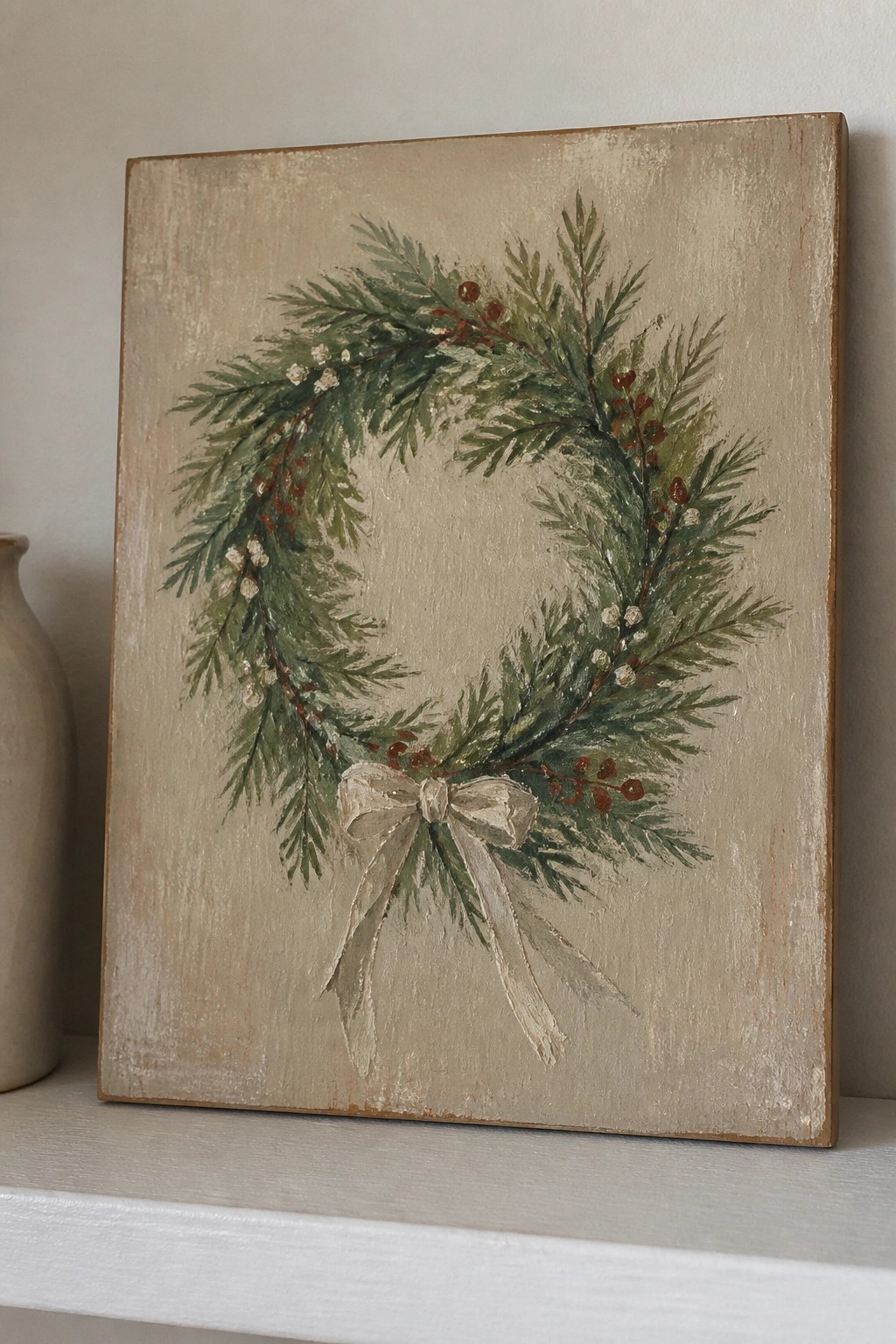 Rustic canvas painting of a green pine wreath with red berries and white bow.