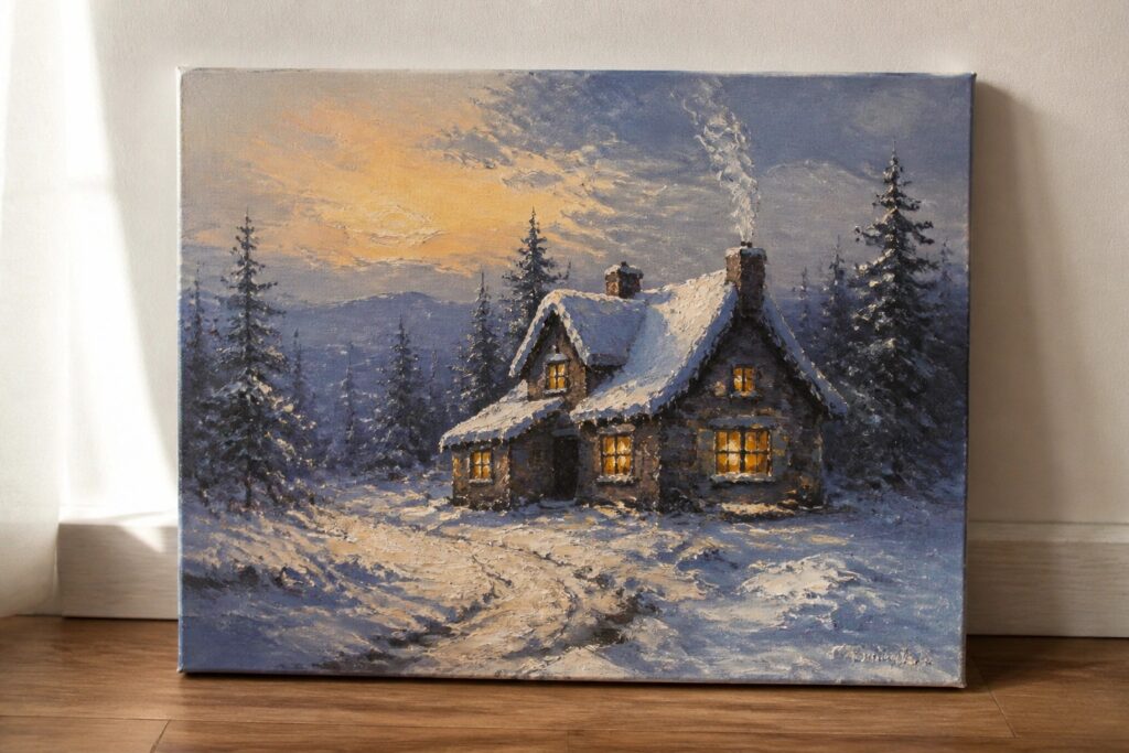 20 Magical Winter Oil Painting Ideas For A Cozy Seasonal Touch Oil painting of snow-covered cabin with glowing windows and chimney smoke at sunset