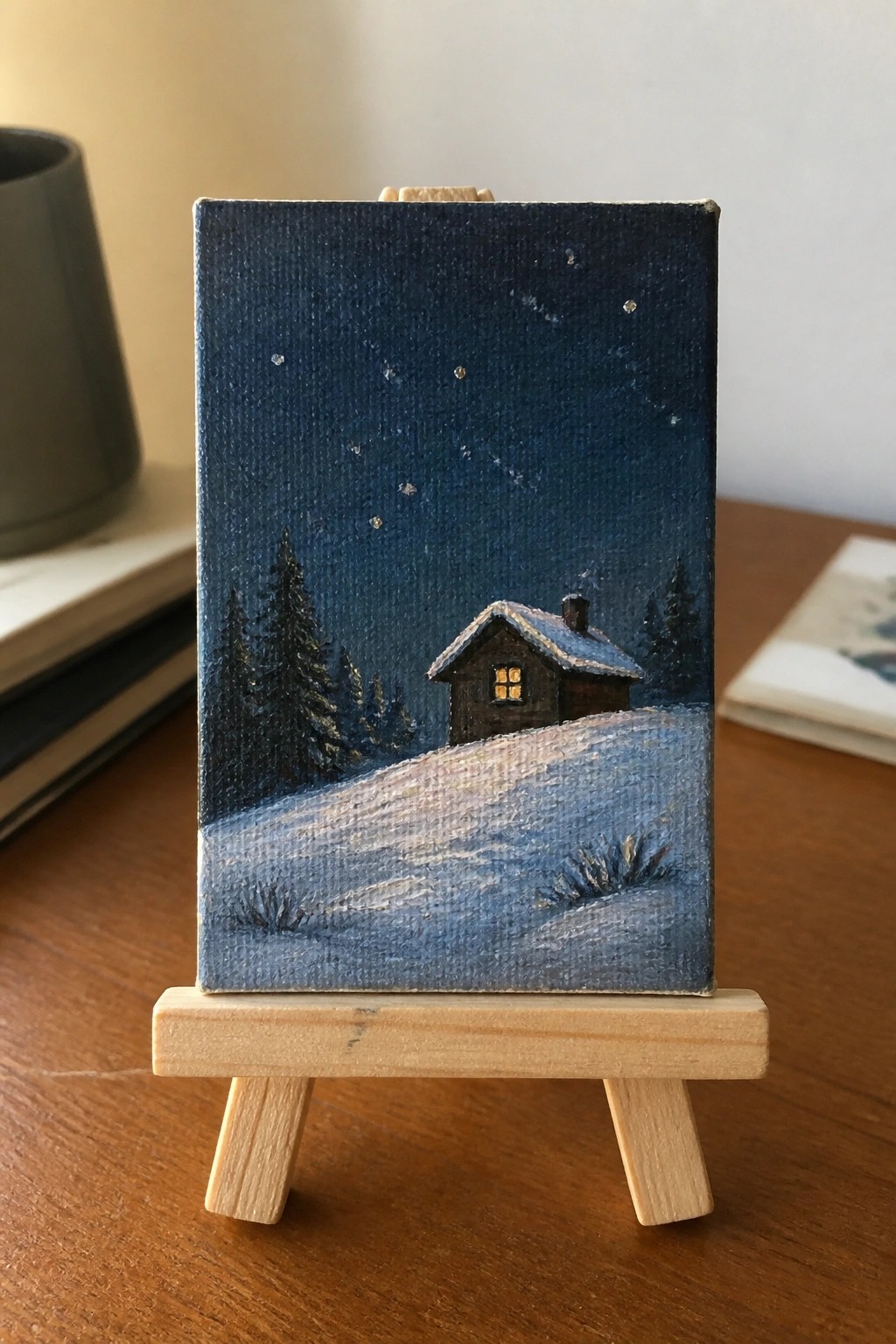 Miniature painting on easel of snowy cabin under starry night sky with lit window