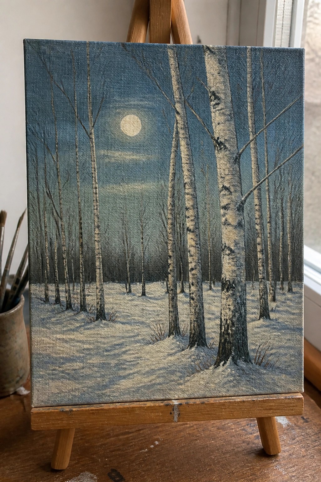 Painting on easel of moonlit snowy birch forest in cool blue tones