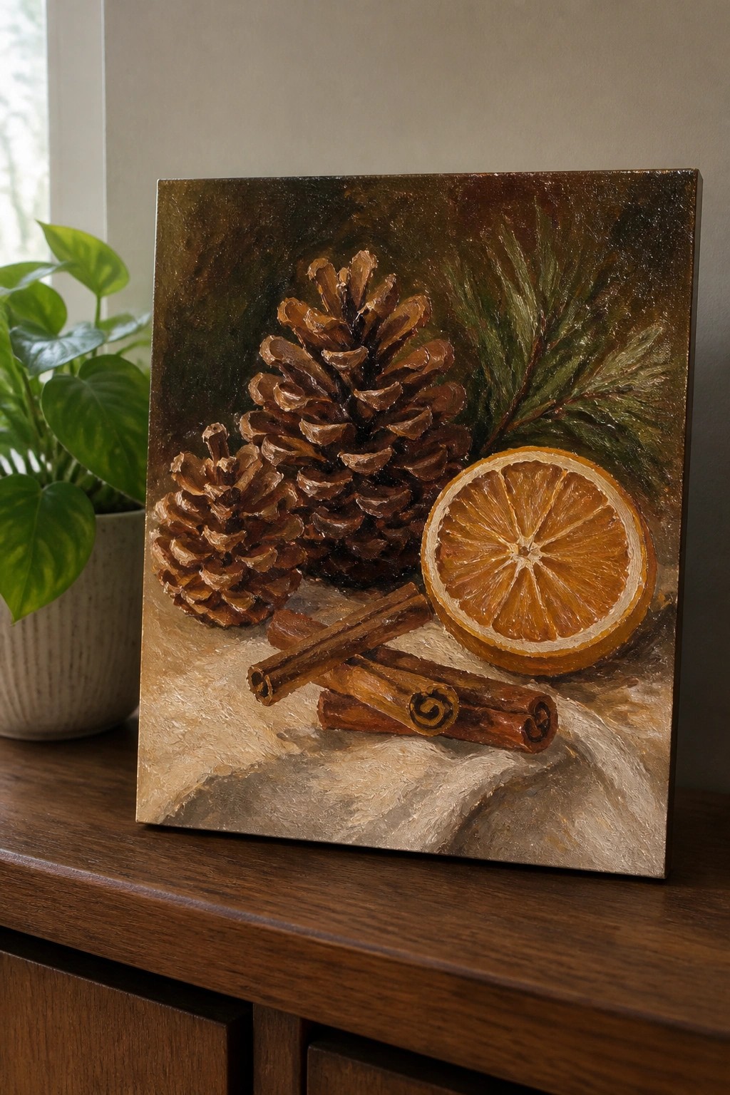 Realistic still life painting of pinecones, orange slice, cinnamon sticks, and pine branch.