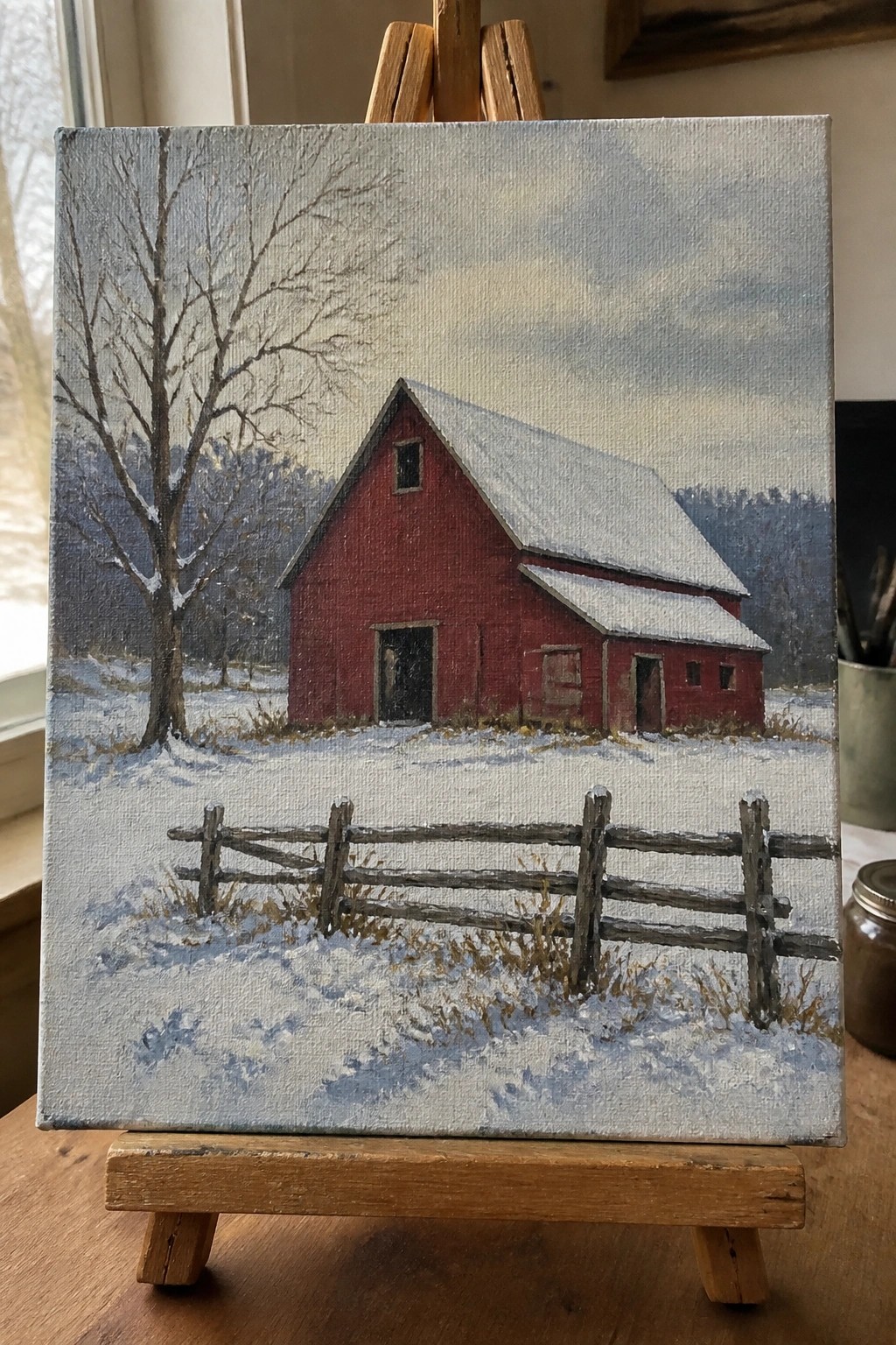 Red barn with snow-covered roof behind wooden fence and bare tree, displayed on easel.