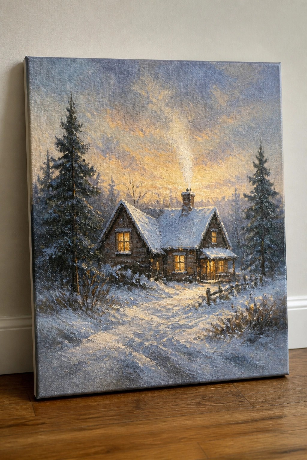 Oil painting of snow-covered cabin with glowing windows and chimney smoke at sunset