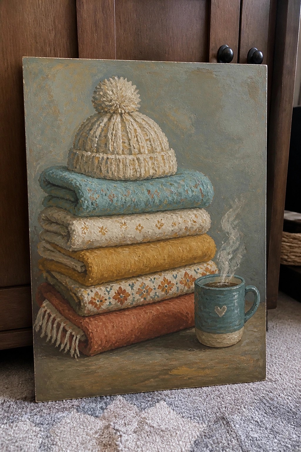 Impasto painting of stacked colorful blankets topped with pom-pom hat beside steaming mug.