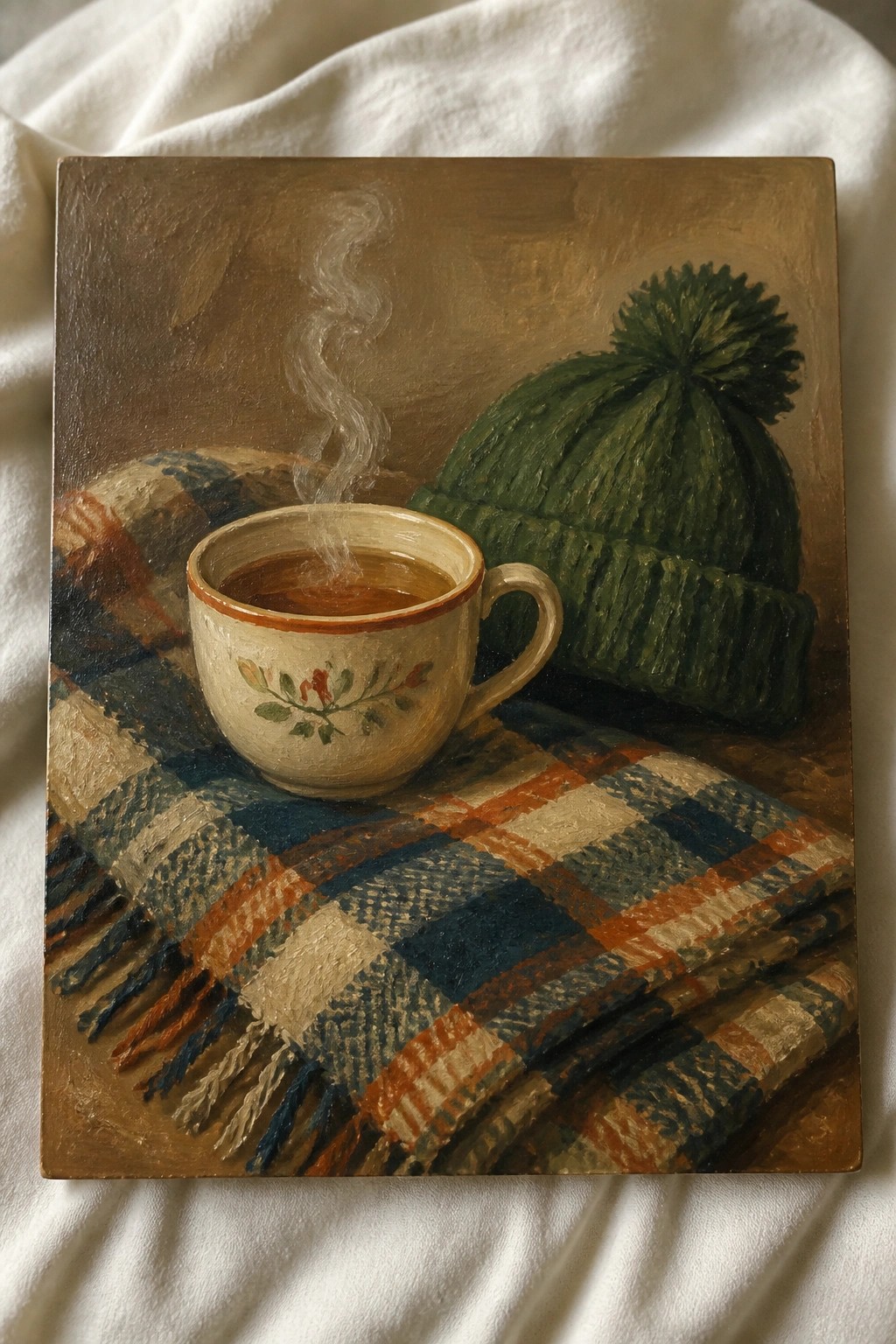 Warm-toned painting of steaming floral mug beside green pom-pom hat on plaid blanket